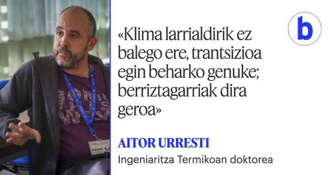 🗣️ Aitor Urrestik (<a href="/Mugatik/">Aitor Urresti 🏳️‍🌈</a>) nabarmendu du energia berriztagarriak behar baino motelago ari direla hedatzen, eta horren ereduari buruzko eztabaida bat falta dela, ereduak «zalantzak» sortzen dituelako.
<a href="/GorkaBerasategi/">Gorka Berasategi</a> 
berria.eus/ekonomia/berri…