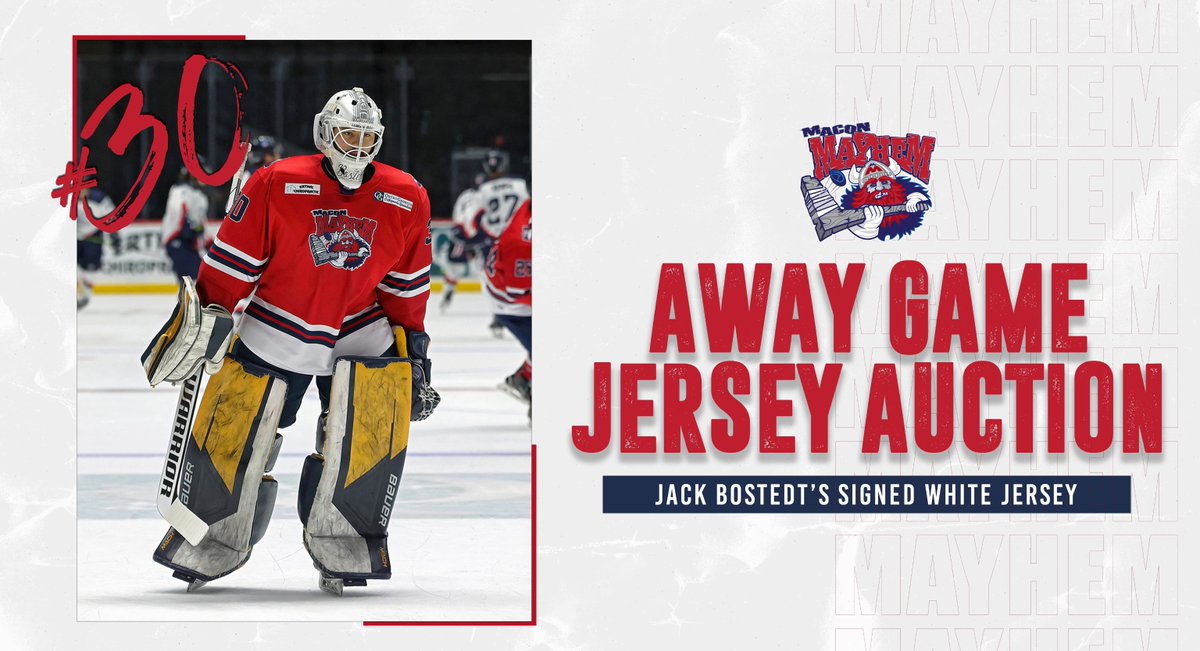 MaconMayhem's tweet photo. 🚨 AUCTION - Bidding has begun for Jack Bostedt's white jersey worn at the away games he played for the Mayhem. Click the link below to place your bids on his size 60G Jersey!
➡️ https://t.co/qy266pDqNO
#BattleEveryShift https://t.co/uSJOtIz0aD