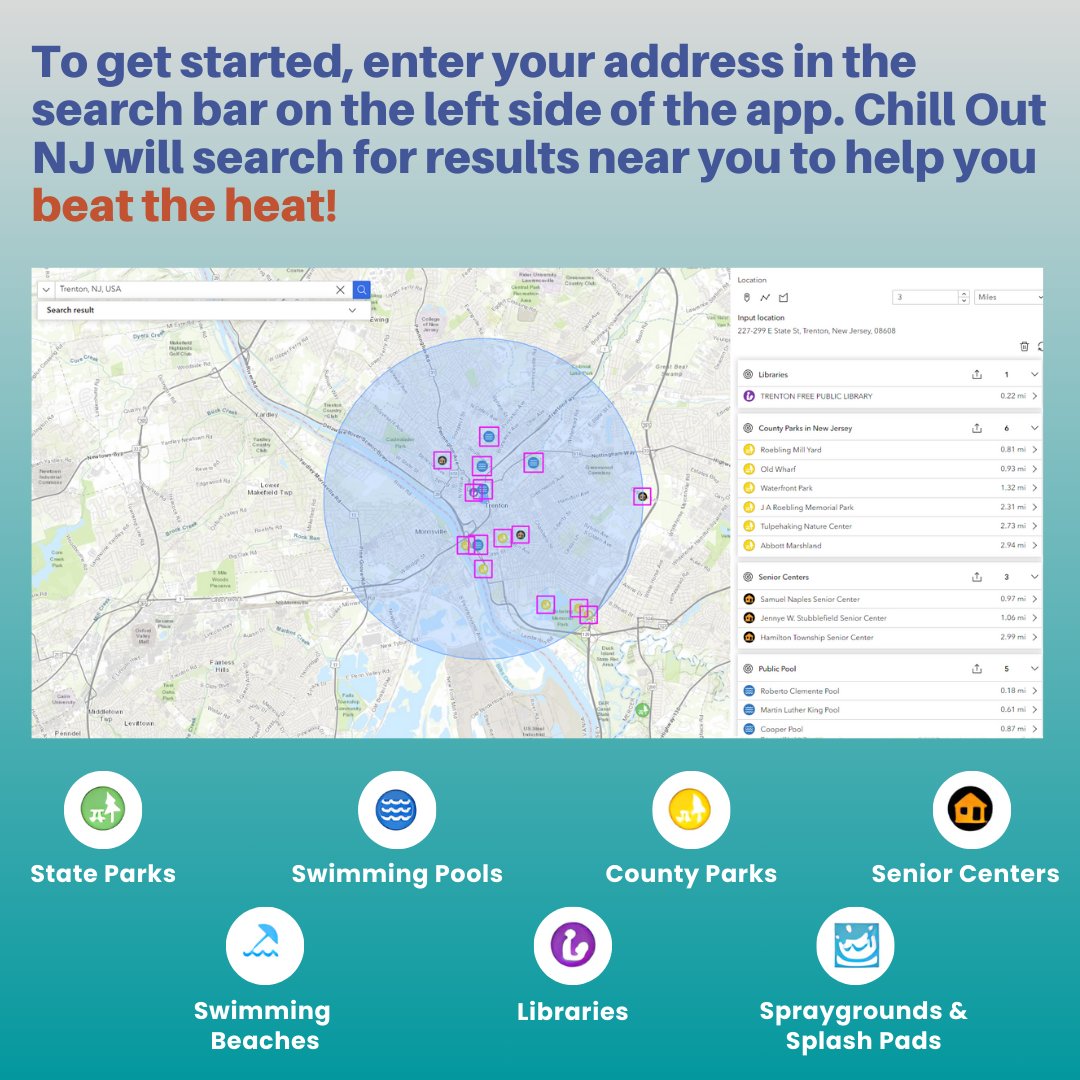 🌞Summer is here! 👀Check out Heat Hub's new Chill Out NJ mapping app to find places across NJ to stay cool as the heat rises. 🔗Check it out at: bit.ly/chilloutnj