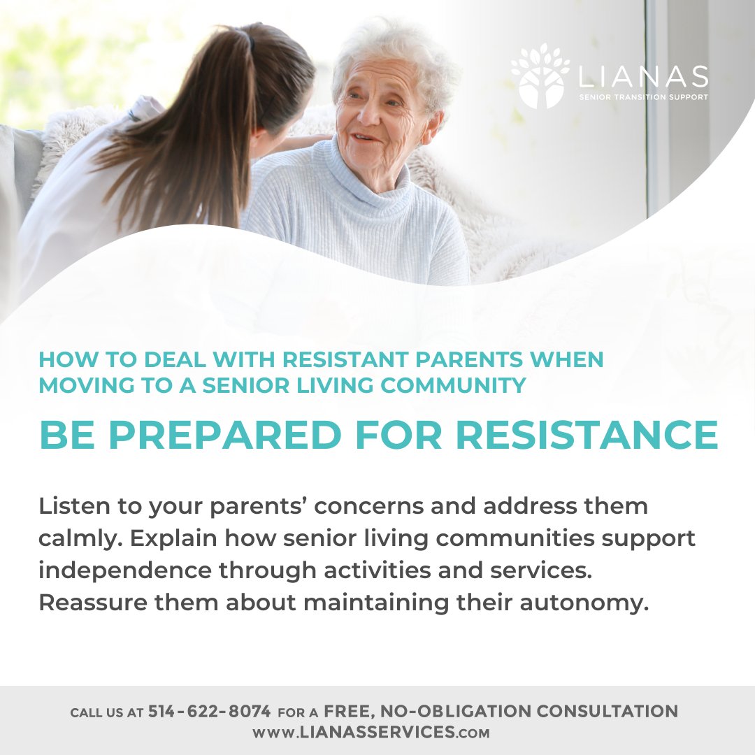 How to deal with resistant parents when moving to a senior living community: Be prepared for resistance #helpingmomsanddads #seniorsupport #seniorcare #eldercare #seniorliving