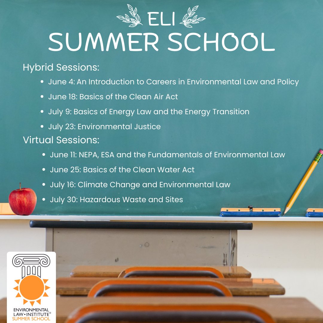 Are you a current undergrad or law student interested in a career in #environmentallaw or #environmentalpolicy? Join ELI this summer for our free 8-part #SummerSchool series, breaking down the basics of the field. Learn more here: eli.org/events/eli-sum…