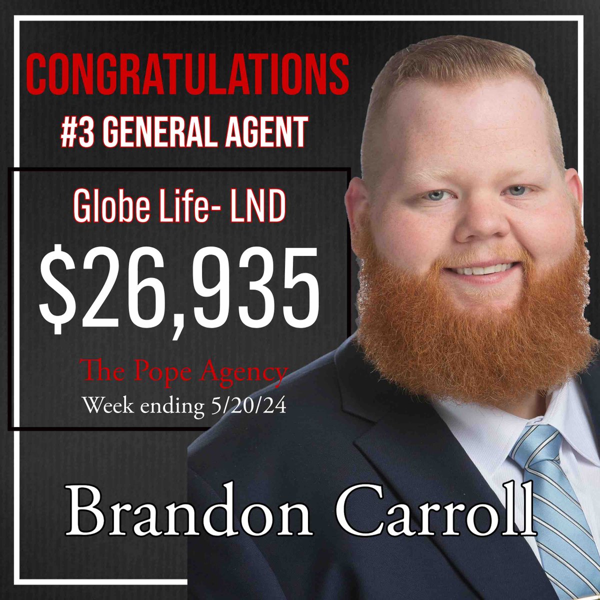 GLpopeagency's tweet photo. Congratulations to GA Brandon Carroll for finishing last week as the #3 General Agent in the company!!👏🏼👏🏼👏🏼

Awesome week Brandon! https://t.co/hQPyC8CY8H