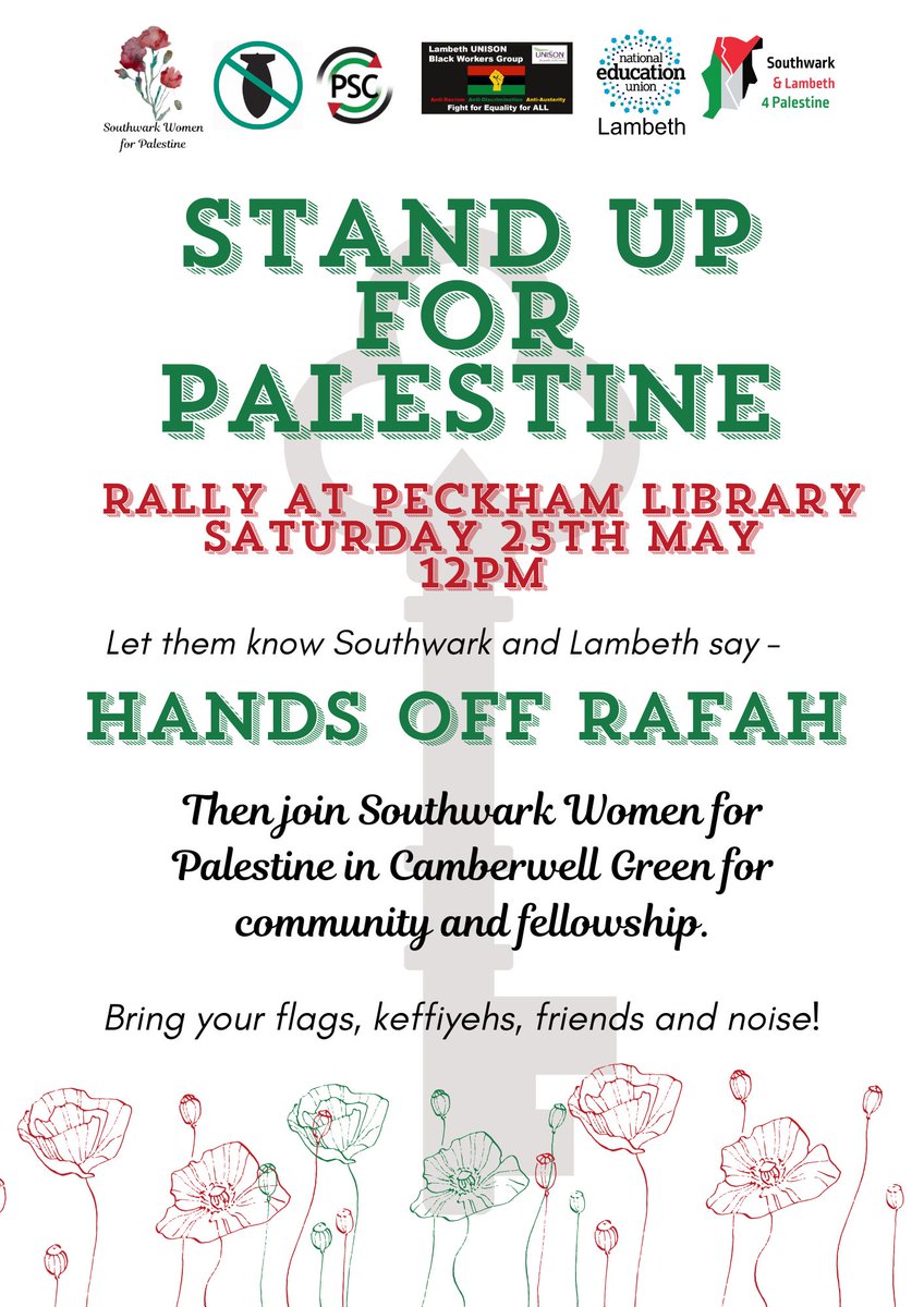 🍉📣 Southwark Women 4 Palestine ask you to join us this Saturday to make noise for Palestine ✊🏽✊🏻✊🏿 📍 *Peckham Library* ⏰ *12pm, Saturday 25th May*