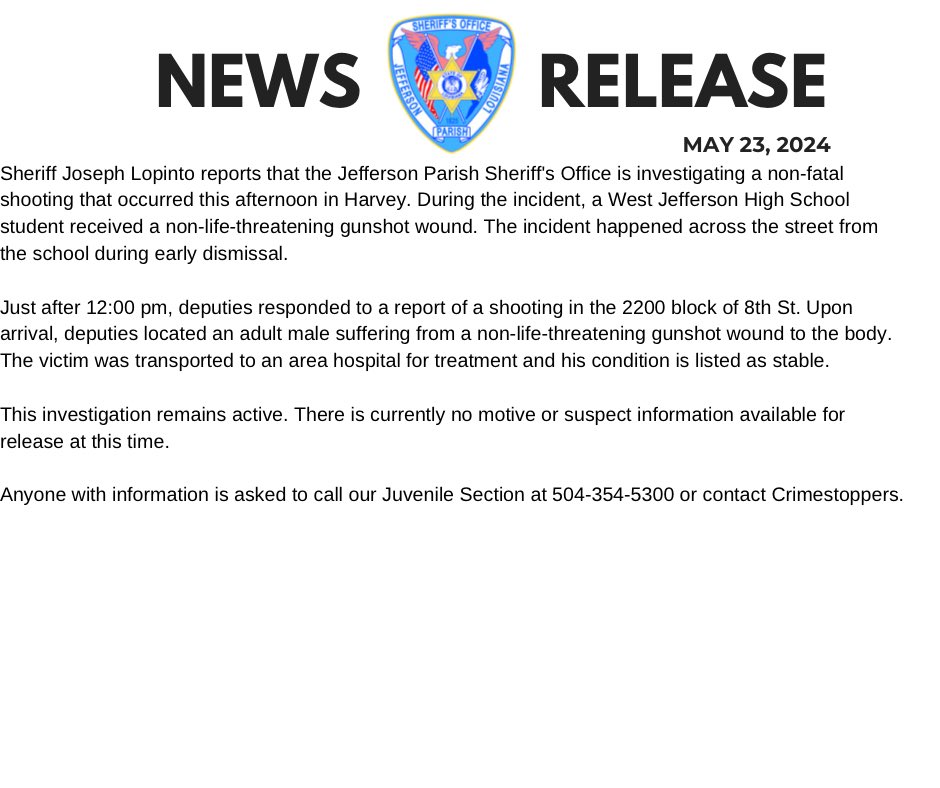 Non-fatal shooting near West Jefferson High School