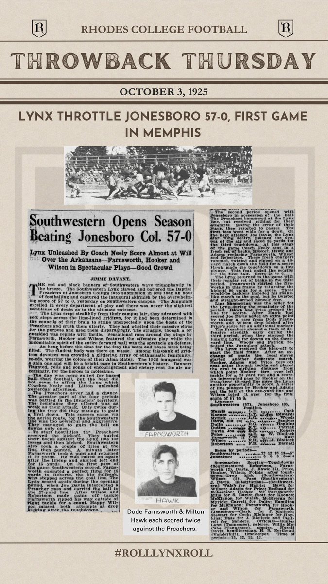 @RhodesFootball #ThrowbackThursday goes back to Rhodes/Southwestern's first victory at their new campus in Memphis after moving from Clarksville in 1925.