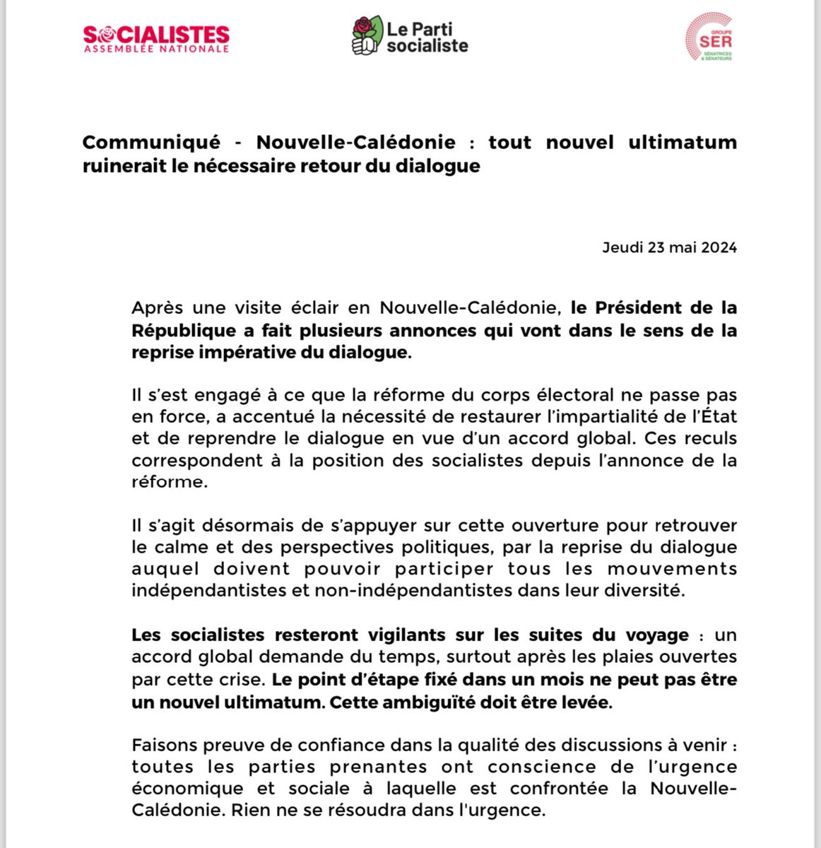 Communiqué : #Nouvelle_Calédonie À #Noumea @EmmanuelMacron a fait plusieurs annonces qui vont dans le sens de la reprise impérative du dialogue. Le point d’étape fixé dans un mois ne peut néanmoins pas être un nouvel ultimatum : ayons confiance dans les discussions à venir.