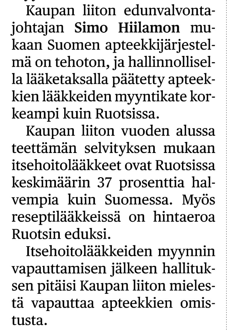 Kaupan liitto kertoo itse tekemällä valikoidulla otannallaan itsehoitolääkkeiden hintojen olevan Ruotsissa halvempia (HS 21.5.2024). Kun vertailua tehdään Suomessa kauppojen elintarvikkeiden hintojen välillä, niin virhelähteet kyllä osataan nostaa esille. yle.fi/a/74-20089918