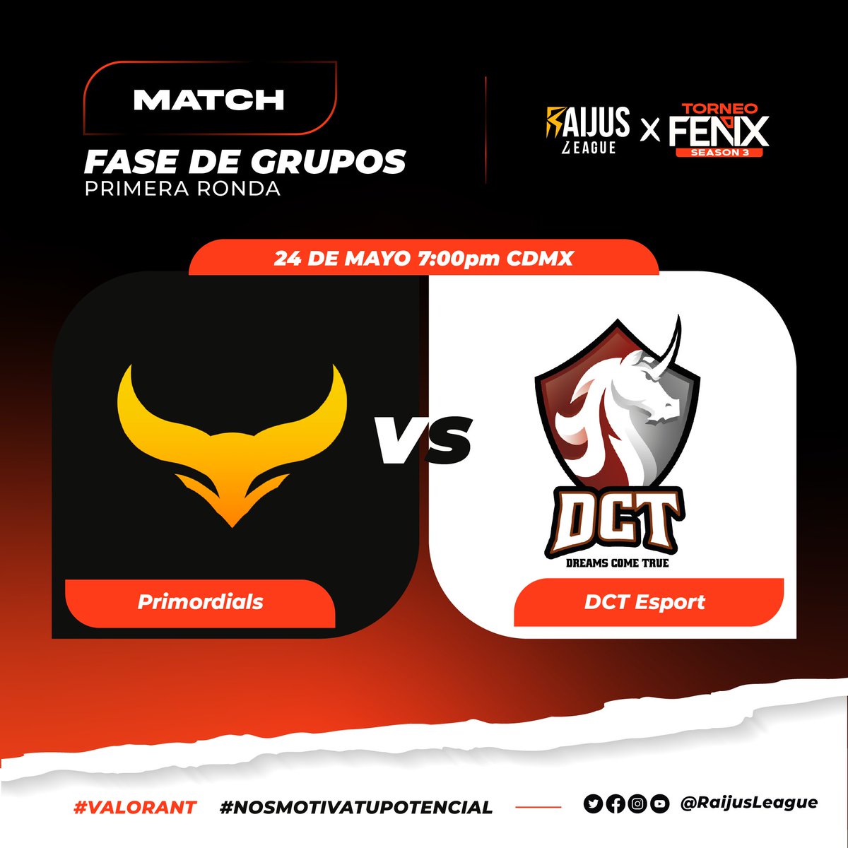 YA NO FALTA NADAAAA🔥
Mañana se enfrentan los equipos que inaugurarán el torneo #FNX de #valorant 
No te lo puedes perder⚡️
Síguenos en Twitch para que te llegue la alerta: twitch.tv/raijusleague