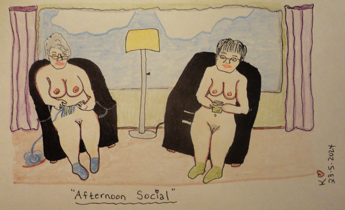 m4goodtimes's tweet photo. "Afternoon Social" drawn in ink/pencilcrayons #nudists #bffs #afternoonsocial #friends #nudeisnotlewd #naturists #barenaked #silverhaired #mature #ladies #hairypussy #bigtits #yeg #art #artist https://t.co/Wps6wERCPa