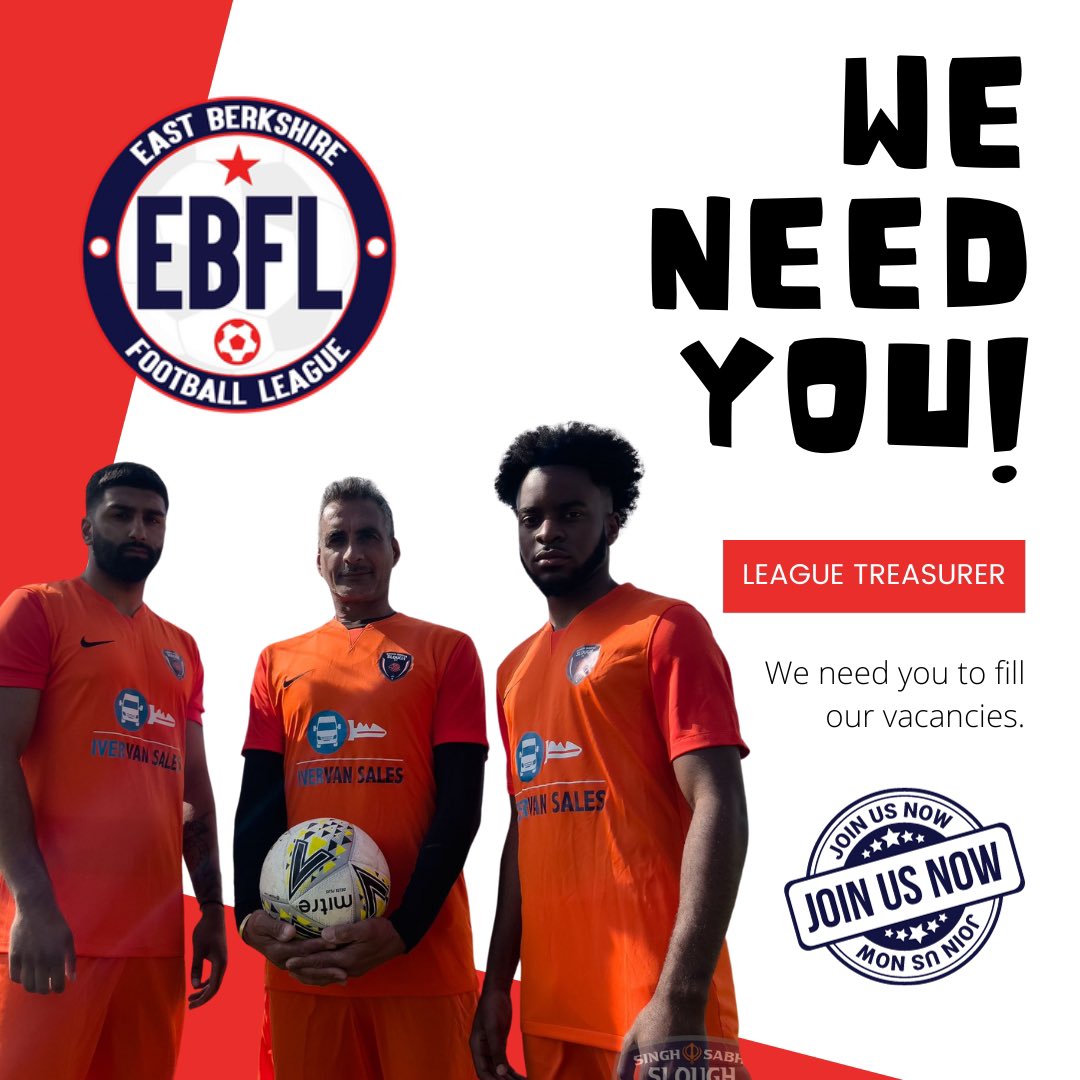 ⚽️💷 TREASURER REQUIRED 💷⚽️ The EBFL is looking for a football-passionate and dedicated person to take on the role of Treasurer If you have the necessary skills and knowledge, and want to be a part of our growing football family then please get in touch info@eastberksfl.co.uk