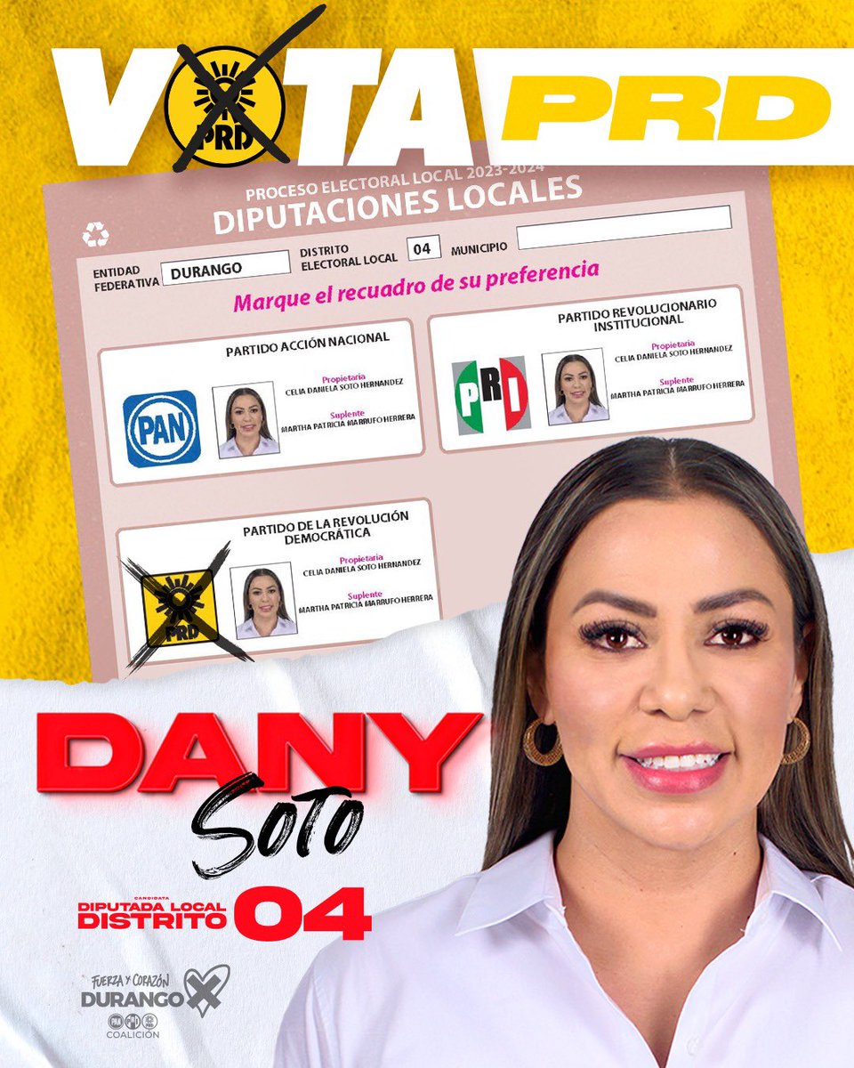 danisotto's tweet photo. Casa por casa di a conocer a los ciudadanos del 4to Distrito,las mejores propuestas legislativas.
Hoy espero contar con tu voto este 2 de Junio. 🙋🏻‍♀️

Esta será la boleta que tendrás en tus manos, elige al partido tu preferencia de la Alianza ganadora #FuerzaYCorazónXDurango 🔴🔵🟡 https://t.co/oybLlQ45VE