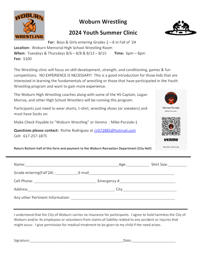Woburnrec's tweet photo. New this Summer!  Youth Wrestling Summer Summer Clinic for Boys &amp; Girls entering Grades 2 - 8.  To register visit https://t.co/o1dvdY7lx5 and click the registration form on the main page under Wob Youth Wrestling. Forms can be returned to the Recreation Office. https://t.co/XQPeZIeTuN