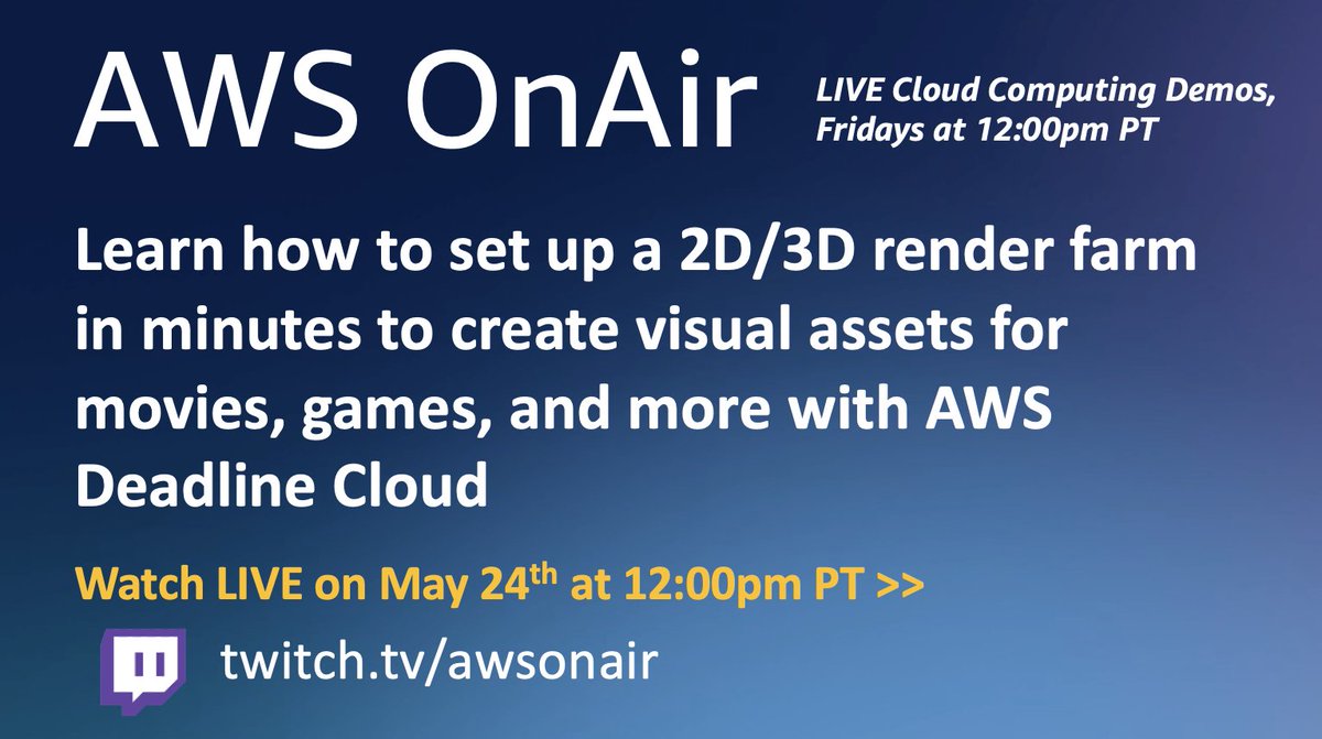 AWSonAir's tweet image. This week, AWS OnAir showcases AWS Deadline Cloud: twitch.tv/awsonair
🚜 Set up fully managed render farm in minutes
📈 Scale capacity to run more projects &amp;amp; meet deadlines
💰 Improve cost planning, visibility &amp;amp; control
Tune in TOMORROW at 12:00pm PT
#AWSOnAir #MediaServices