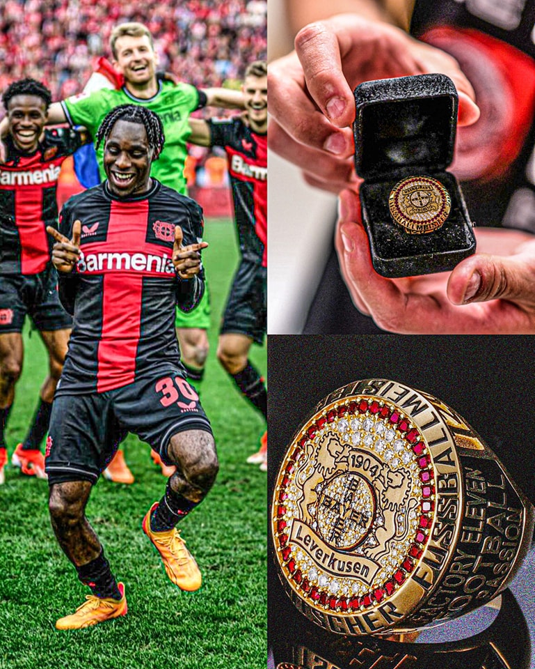 The ring that received the entire Bayer Leverkusen squad was not from the Bundesliga, nor from the club, but from Jeremie Frimpong, who gave each of his teammates a diamond ring after becoming undefeated champions. A real guy gesture, that's crack.