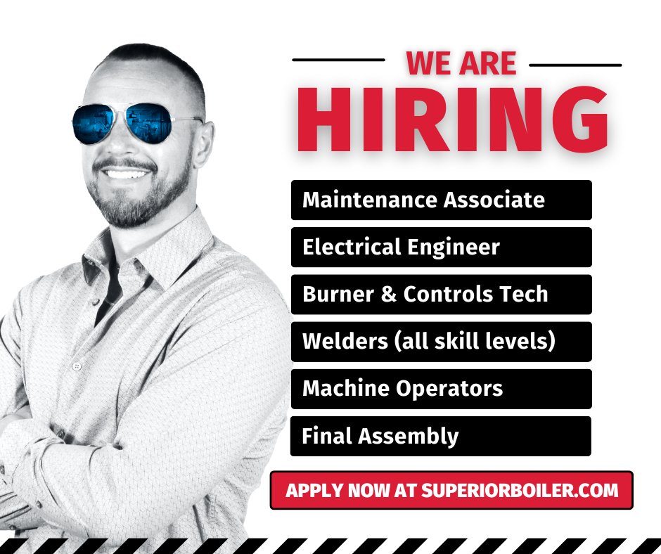 Join our team of Superior Problem Solvers! We are looking to fill multiple positions on our team. Check out job descriptions and apply online today at SuperiorBoiler.com/current-openin…

#SuperiorBoiler #SuperiorProblemSolvers #HutchinsonKS #NowHiring #JoinOurTeam #Hiring #MadeInKansas