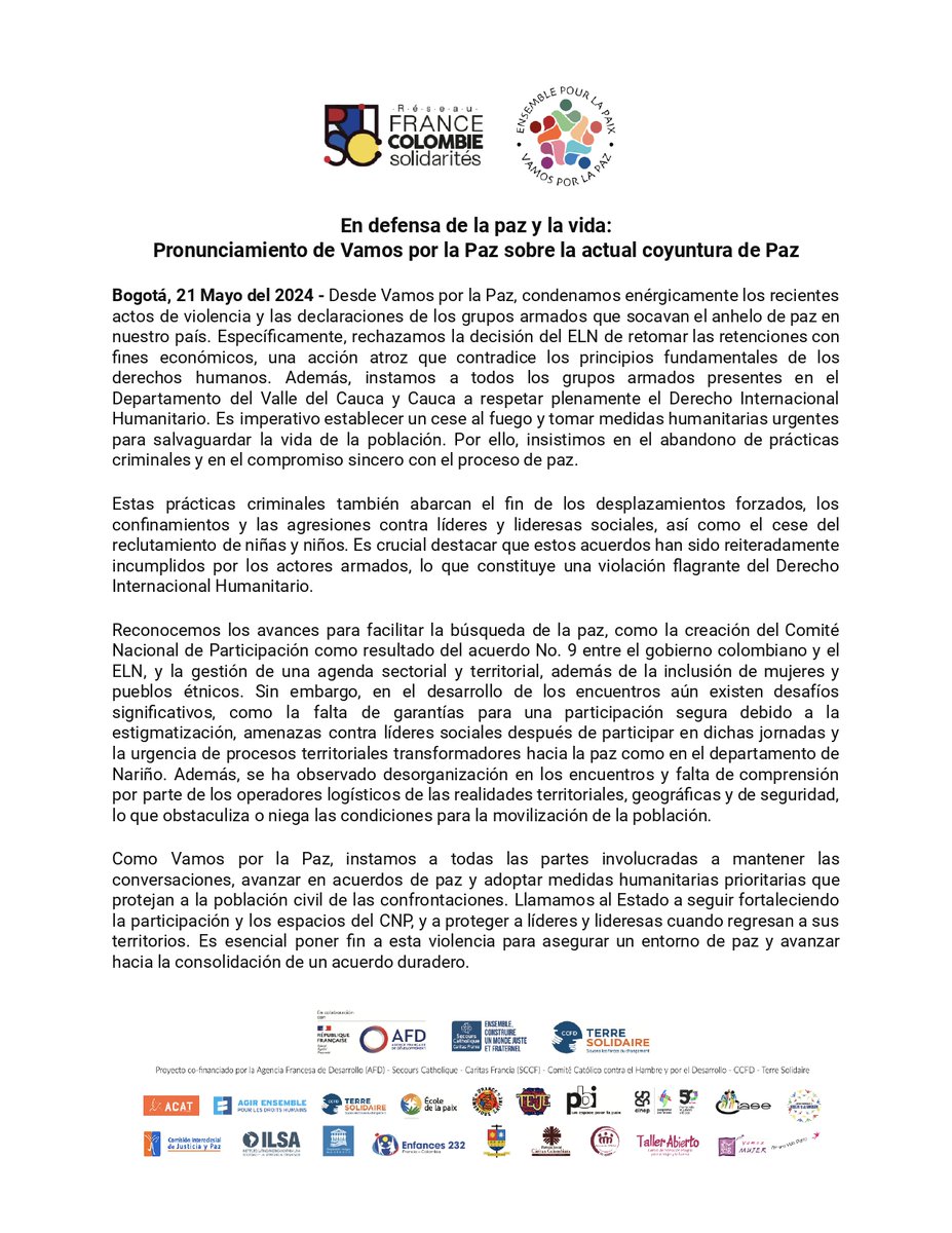 #Comunicado | Desde <a href="/VamosPaz/">Vamos por la paz - Ensemble pour la paix Colombie</a>, instamos un cese al fuego y la implementación de medidas humanitarias inmediatas para proteger a la población. Exigimos a los actores armados que abandonen las prácticas criminales y se comprometan con el proceso de paz.

📄 bit.ly/3wVFpGv