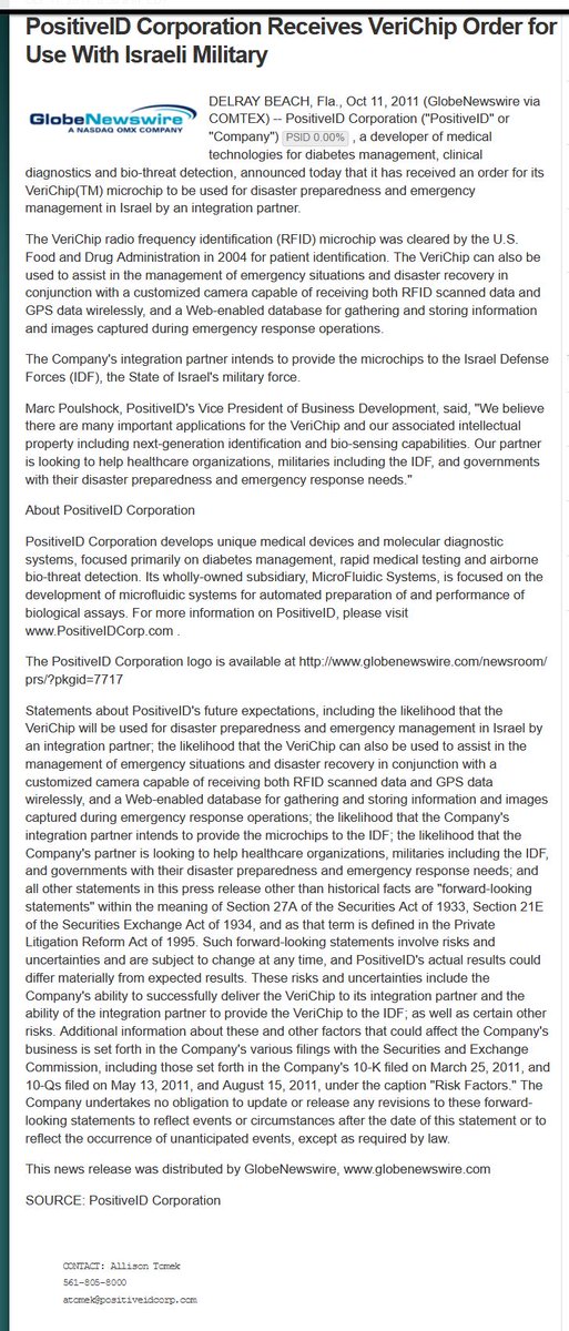 tlthe5th's tweet photo. #PositiveID Corporation Receives #VeriChip Order for Use With #IsraeliMilitary (2011) https://t.co/fxW6RBzUDq https://t.co/RPN2TaabyD