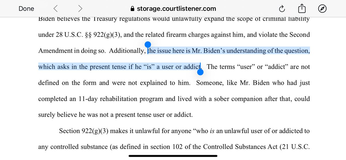 Hunter Biden is using the old “it depends on what the meaning of ‘is’ is” defense in his felony gun case. He’s questioning what it means to say someone “is” a drug addict when they fill out the form to buy a gun storage.courtlistener.com/recap/gov.usco…