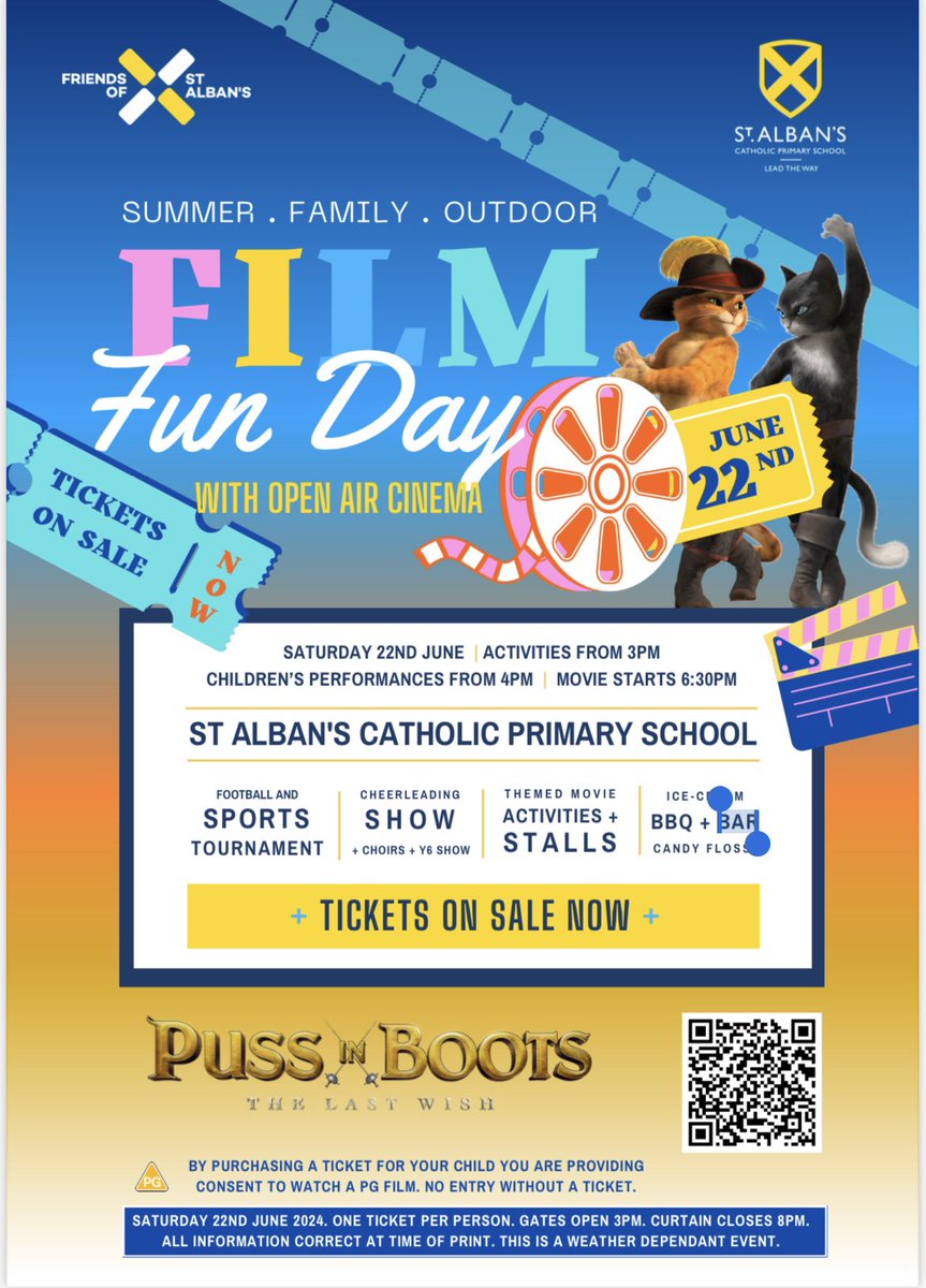 St Alban's Summer Cinema is around the corner!!
🏫 Run by Friends of St.  Albans 
🗓️ Saturday 22nd June 

We'd like to invite as many of our families to join in and enjoy an evening of entertainment and family fun! 💛 💙 

🎫 Tickets are on sale - please scan the QR code 👇