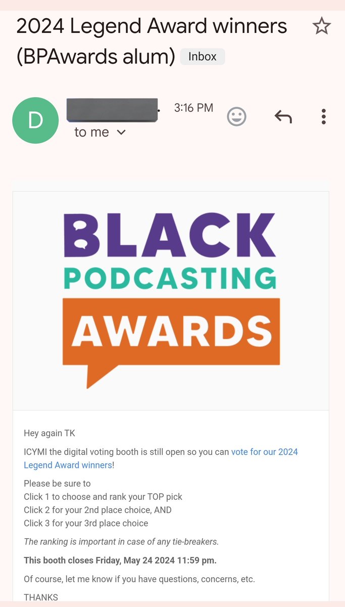 If you are a member of @Afros_and_Audio & @BlkPodAssoc & @BlackPodAwards (staff, member, past speakers, etc) this is your reminder to vote for the 2024 Legend Awards winner. Check your inbox, make your vote by 11:59pm ET, Friday, May 24th.