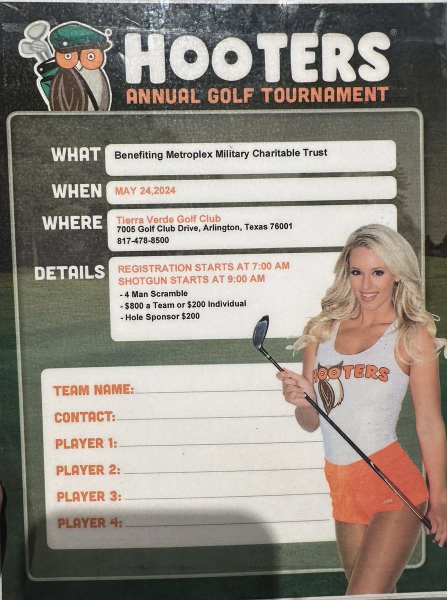 Tomorrow we are sponsoring @Hooters Annual Golf Tournament in Arlington, Texas in support of Metroplex Military Charitable Trust! 🫡 If you live near the area, come stop by our booth!