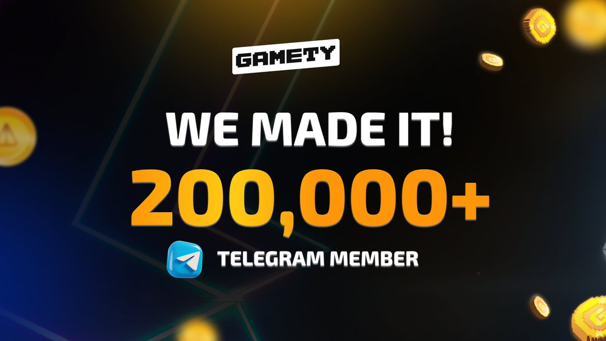 🎉 Exciting Milestone: 200,000 Members on Telegram! 😃 This is a incredible achievement and set new records for Gaming communities 🙌 Thank you for being an essential part of our journey 💪 #Gamety #200k #cryptogaming #telegram