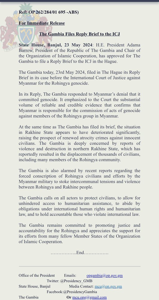 The Gambia, on 23rd May 2024, filed in The Hague its Reply Brief in its case before the International Court of Justice against Myanmar for the Rohingya genocide.