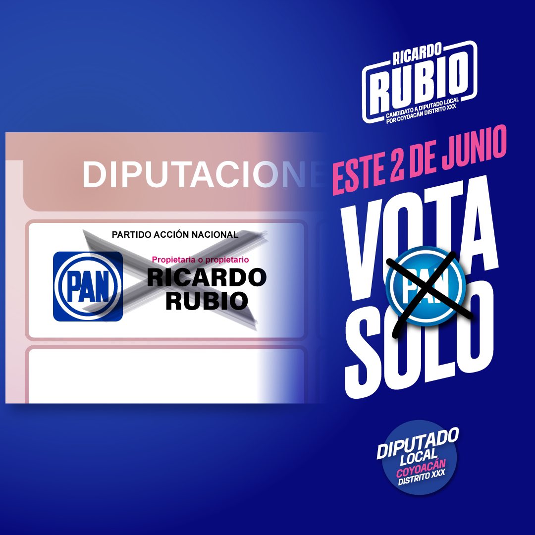 ricardorubiot's tweet photo. ¡No esperes más para ser parte del cambio! Este 2 de junio, tu voto es tu voz. Únete a nosotros y marca la diferencia votando solo por el PAN. Juntos podemos construir un futuro mejor para todos. #VotaSoloPAN #Distrito30 https://t.co/yKCjxaBY8J
