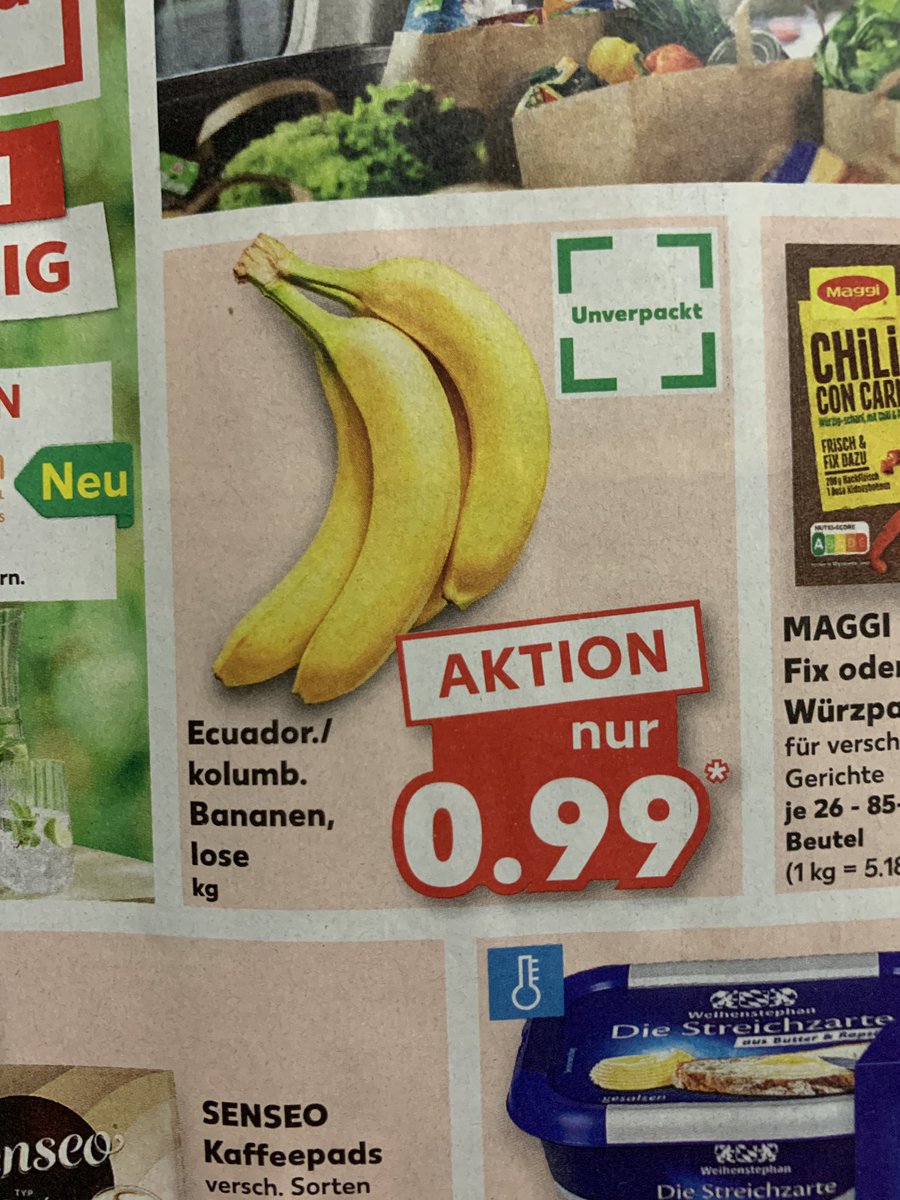 German retailer Kaufland just unlocked the more ambitious sustainability goals:

They're advertising &lt;unpacked&gt; bananas in their current flyer. 💪💪💪🍌🍌🍌