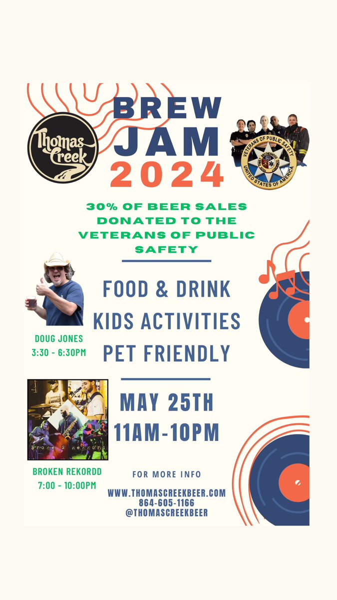 Getting closer to our first annual Brew Jam! This Saturday, May 25th, 30% of our beer sales will be donated to the nonprofit Veterans of Public Safety. Live music, bouncy houses, new beer &amp; seltzer, root beer floats, and more. Come see us as we kick off #MemorialDayWeekend!