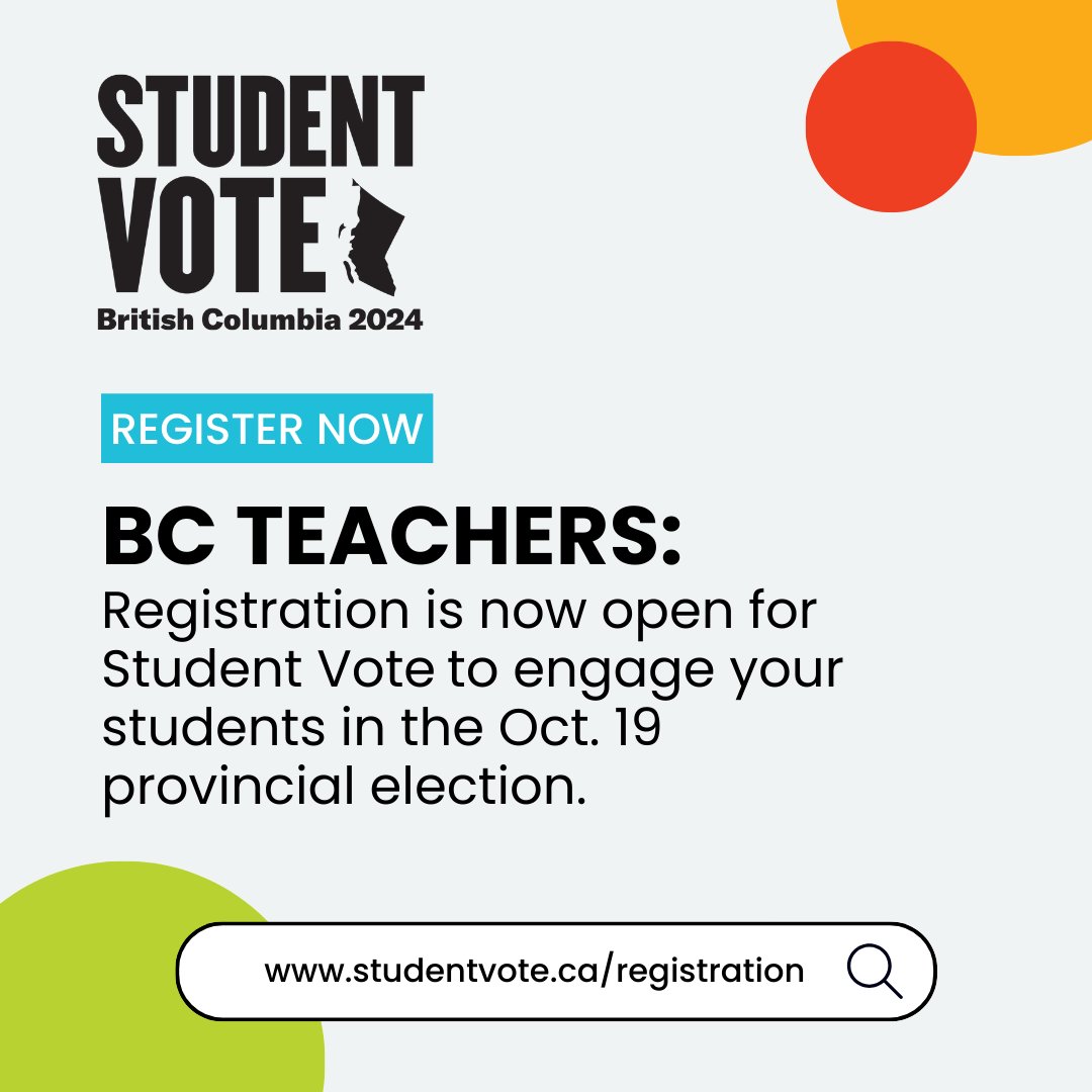 Attention BC teachers! 📢

Registration for Student Vote for the 2024 Provincial BC Election is now open!

Teachers, be sure to sign up now to receive your resources in early September.

Register at studentvote.ca/registration