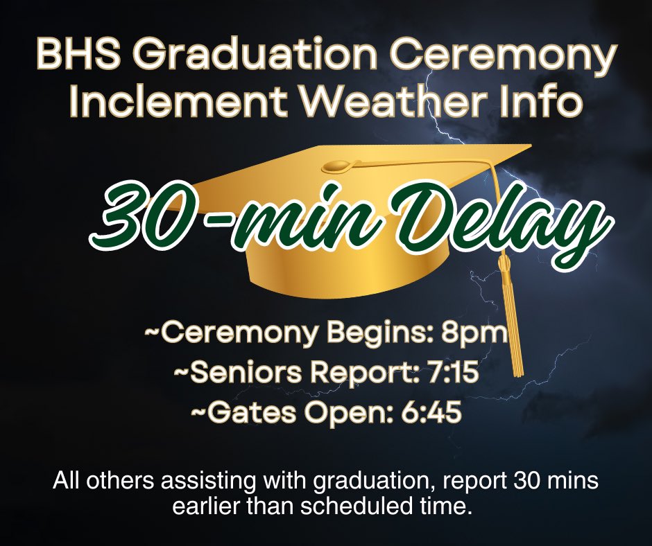 Weather Update as of 5/23 @ 3:30pm We have decided to postpone the start of graduation until 8:00 p.m. this evening. Please check Facebook for more details.