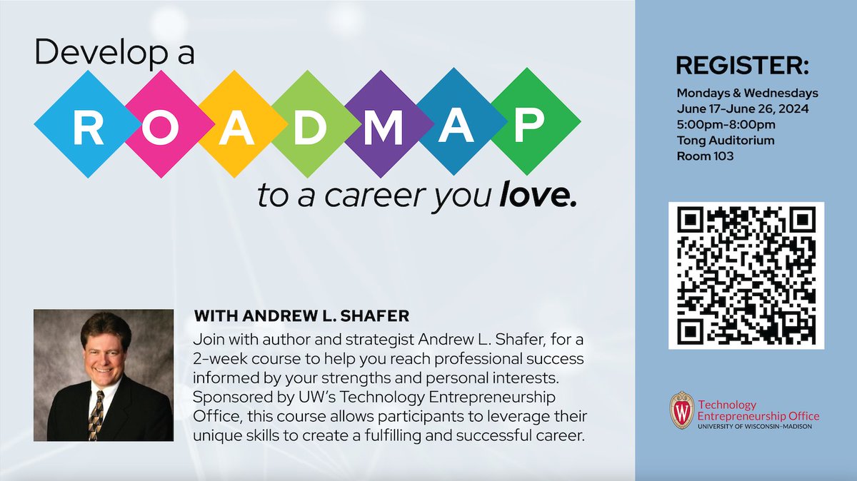 Graduate students: Join TEO and author Andrew L. Shafer for a 2-week course to help you reach professional success informed by your strengths and personal interests. Classes will take place each Monday and Wednesday from June 17-26, 5-8 pm. teo.wisc.edu/event/personal….