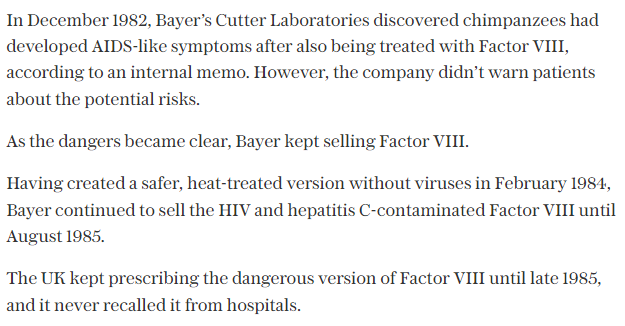 In the 1980s, US pharma companies knowingly sold HIV-infected Factor VIII to the UK NHS, which led to the deaths of 1000s of hemophiliacs. Authorities insisted the product was safe, despite safety signals to the contrary. A medical scandal for the ages. telegraph.co.uk/news/2024/05/0…