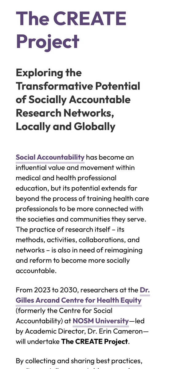 CREATE has a website! 

The CREATE project will inform socially accountable health research &amp; ‘CREATE’ a local to global research network. <a href="/arcandcentre/">Dr. Gilles Arcand Centre for Health Equity</a> <a href="/thenosm/">NOSM University | Université EMNO</a> 

Check it out, scroll to the end &amp; enter your email for updates! 😁

arcandcentre.ca/research/create
