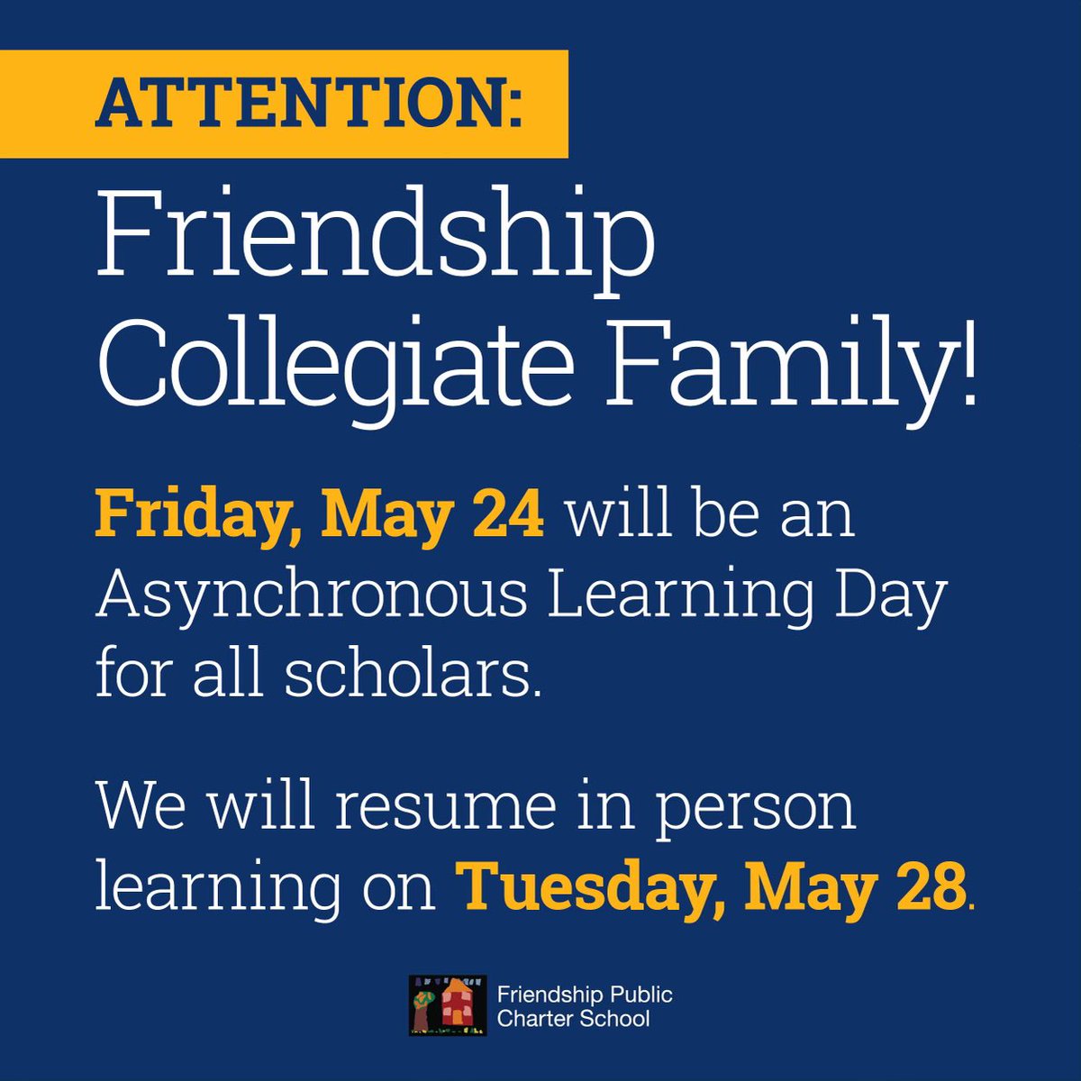 FriendshipPCS's tweet image. 📚 Asynchronous Learning Day Alert! 📚
Friendship Tech Prep and Friendship Collegiate will have an Asynchronous Learning Day tomorrow, Friday, May 24th. Students will return on Tuesday, May 28th. 🌟
#AsynchronousLearning #FriendshipSchools #StayProductive
#Friendshipproud