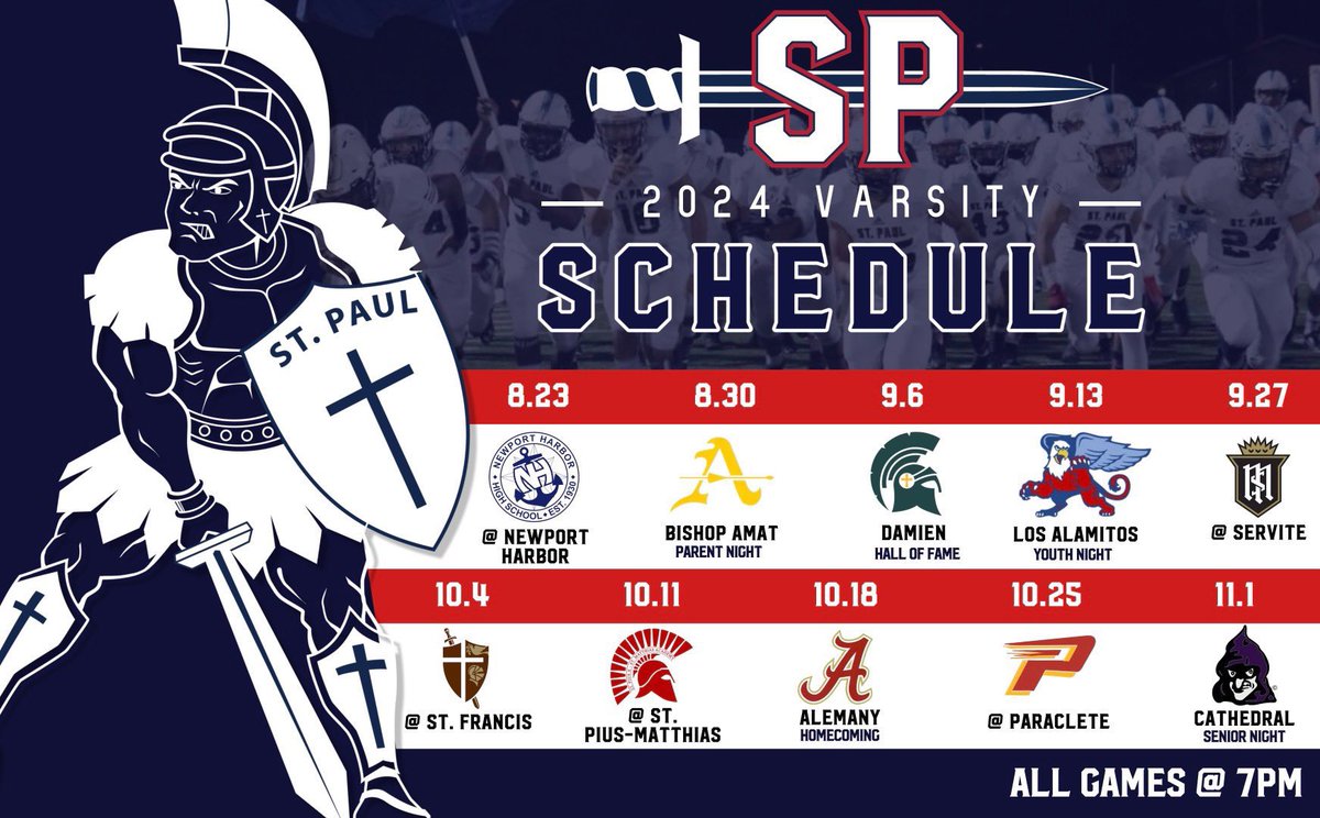 St. Paul Swordsmen 2024 Varsity Football Schedule. #WeAreStPaul #StPaulFamily #GodFamilyStPaul #BeASwordsmanToday <a href="/GhostsofStPaul/">The Ghosts of St. Paul Football</a>