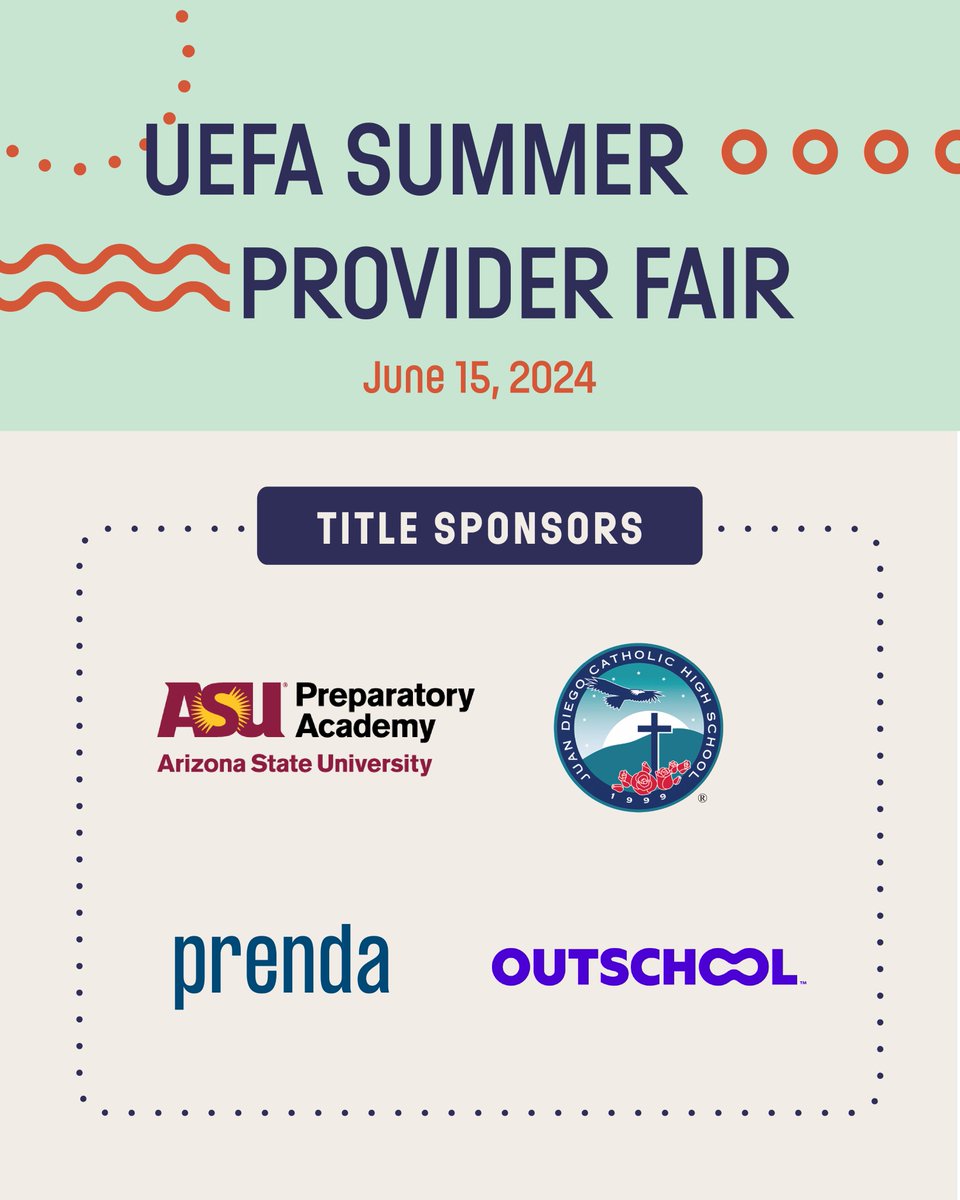 🎉We’re proud to announce our TITLE SPONSORS for the UEFA Summer Provider Fair on June 15!

✅ ASU Prep Global
✅ Outschool
✅ Prenda
✅ Utah Private Schools Association

Learn More and REGISTER → utaheducationfitsall.org/provider-fair-…