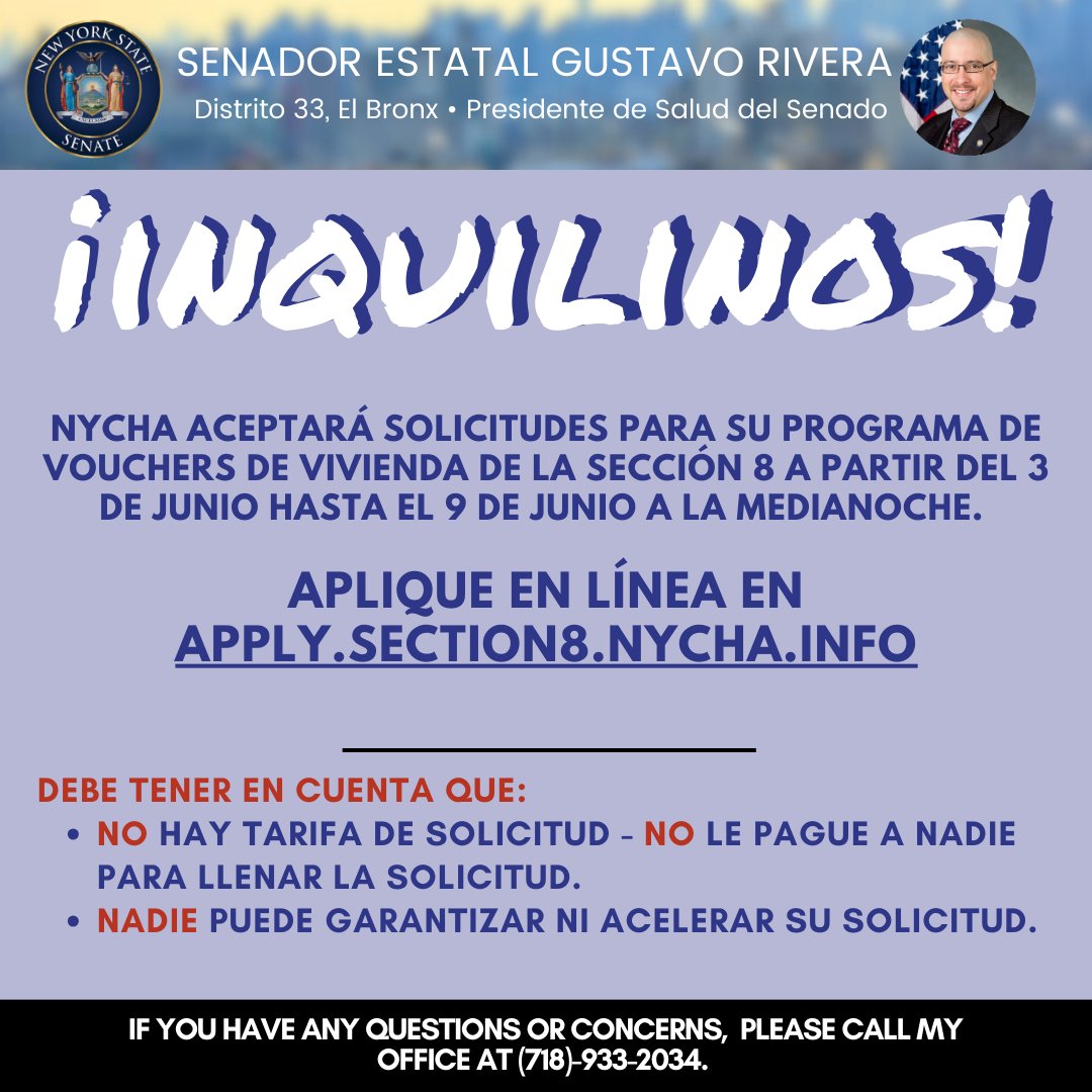 .<a href="/NYCHA/">NYCHA</a> reabrirá su lista de espera para el programa de vouchers de vivienda de la Sección 8 del 6/3 al 6/9. Para más info sobre la elegibilidad al programa de Sección 8, entre a on.nyc.gov/4bqcXfb y para aplicar a la lista de espera, vaya a apply.section8.nycha.info.