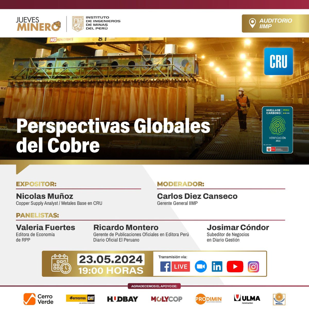 Visionarycor's tweet photo. ¡No te pierdas este Jueves Minero! Hoy, 7:00 p.m., evento "Perspectivas Globales del Cobre" con Nicolás Muñoz y destacados panelistas. 
📍Calle Los Canarios 155, La Molina. 
💻zoom: https://t.co/nNqR3a1sYl

#mineria #cobre #IIMP #Peru https://t.co/S4fyawSf4f