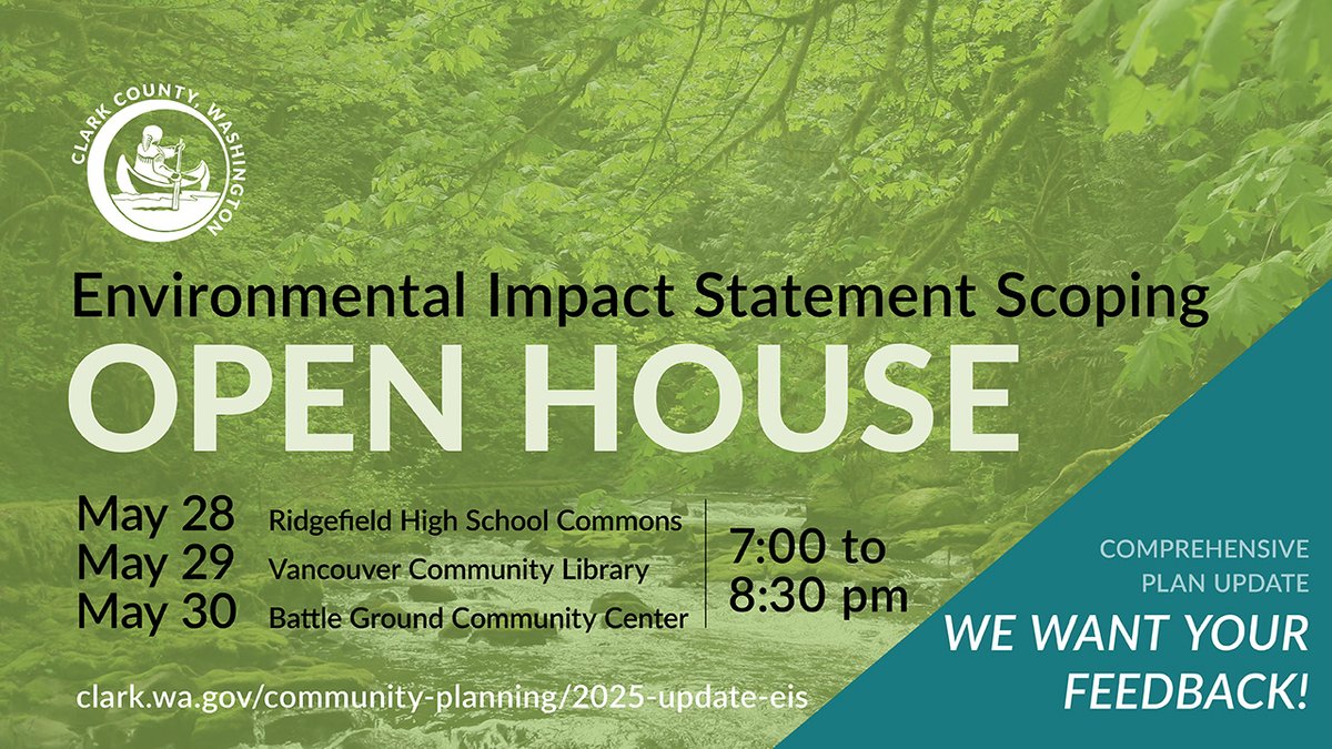 ClarkCoWA's tweet photo. Clark County is holding a comment period and four open houses about planning for development and studying potential impacts as the next step in updating the local Comprehensive Growth Management Plan. Learn more at https://t.co/exzNF5qdIS. #ClarkWA #CompPlan https://t.co/hZNlHgmQnE