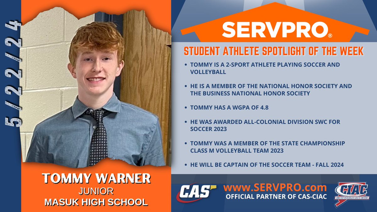 Our SERVPRO Student-Athlete Spotlight features Masuk High School's Tommy Warner. He's an SWC All-Division soccer honoree and was a state champion in volleyball in 2023. Plus, he's got a 4.8 weighted GPA! SERVPRO of Trumbull/Monroe/Northern Bridgeport is proud of you Tommy!