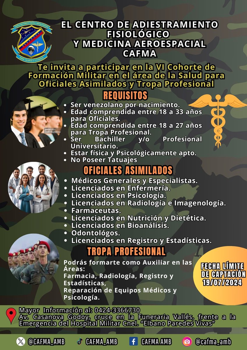 #23May// El CAFMA Te invita a participar en la VI Cohorte de Formación Militar en el área de la Salud para Oficiales Asimilados y Tropa Profesional. 

Participa! 

#CreoEnVenezuela
#HonorVoluntadYEficiencia
#EnAlasVenceremos
#FANB
#SomosCafma

@nicolasmadurop
@padrinovladimir