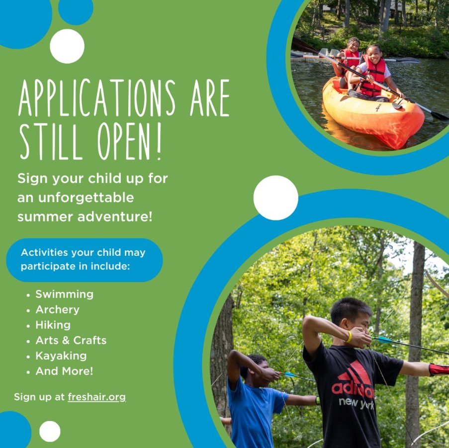 The Fresh Air Fund is still accepting applications for summer programs! Visit freshair.org to learn more &amp; apply.
🌳
Fresh Air Fund sigue aceptando solicitudes para los programas de verano. Visite feshair.org para aprender mas &amp; inscribirse.
