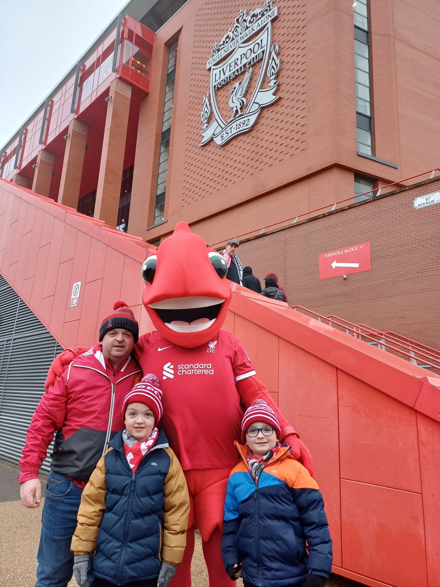 CooganLiam's tweet photo. @MightyRed_LFC Taking my 2 boys to their first game and them getting to meet mighty red, Aldo and witness mcallisters goal of the season contender against Fulham YNWA https://t.co/P9jGXfIeGH