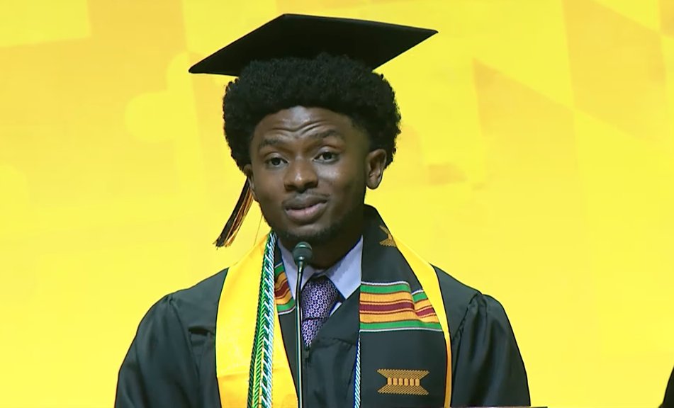 UMBC's tweet photo. "Part of our achievement today is to set a strong example for those who are following us. They don’t just see our success, but they see our perseverance and grit as encouragement and inspiration for themselves." - D'Juan Moreland. #UMBCgrad https://t.co/qic3g5Sj7R