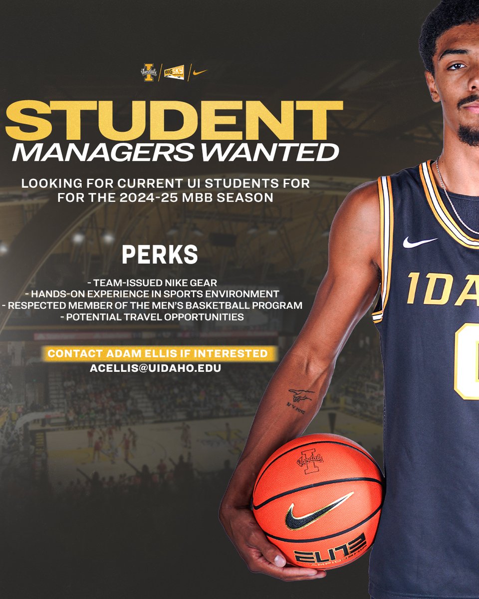 VandalHoops's tweet photo. We're looking for student managers to join our program for the upcoming 2024-25 season!

This is a great opportunity to gain experience in the Division I basketball world. If interested, please email acellis@uidaho.edu. 

#GoVandals https://t.co/r6fvxDfFEo