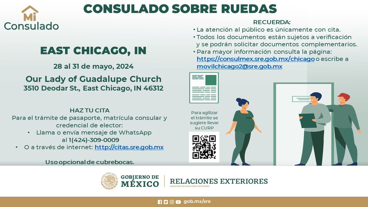 🚨En este momento hay citas disponibles para el Consulado Sobre Ruedas que visitará East Chicago del 28 al 31 de mayo de 2024. Haga su cita por📞o WhatsApp al 1-(424)-309-0009, en citas.sre.gob.mx o, en caso de emergencia, escribiendo a conchicago@sre.gob.mx