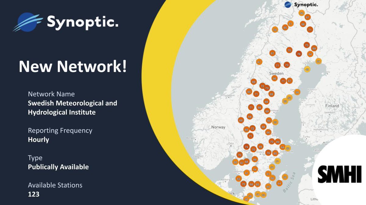 SynopticData's tweet photo. Synoptic Data is excited to announce the release &amp; availability of the Swedish Meteorological &amp; Hydrological Institute ( @SMHI) network in our Weather API &amp; Data Viewer. View station data here: https://t.co/TVuKc5715L  

#weatherobs #newnetwork #weatherdata #wxdata #SMHI https://t.co/WNV0I9vduM