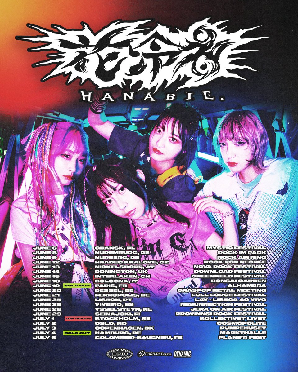 【💥information📢】 🔥HANABIE. EU tour 2024🔥 Headliner show Tickets on sale now✨ Paris and Hamburg thank you sold out!! Some shows have only a few tickets left, so be sure to purchase your tickets as soon as possible🙏🏻 To purchase tickets, please visit the official website!